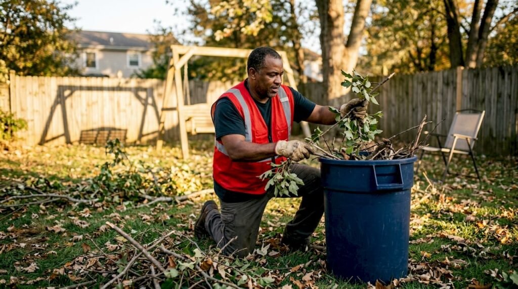Man safely loading fallen branches outdoors