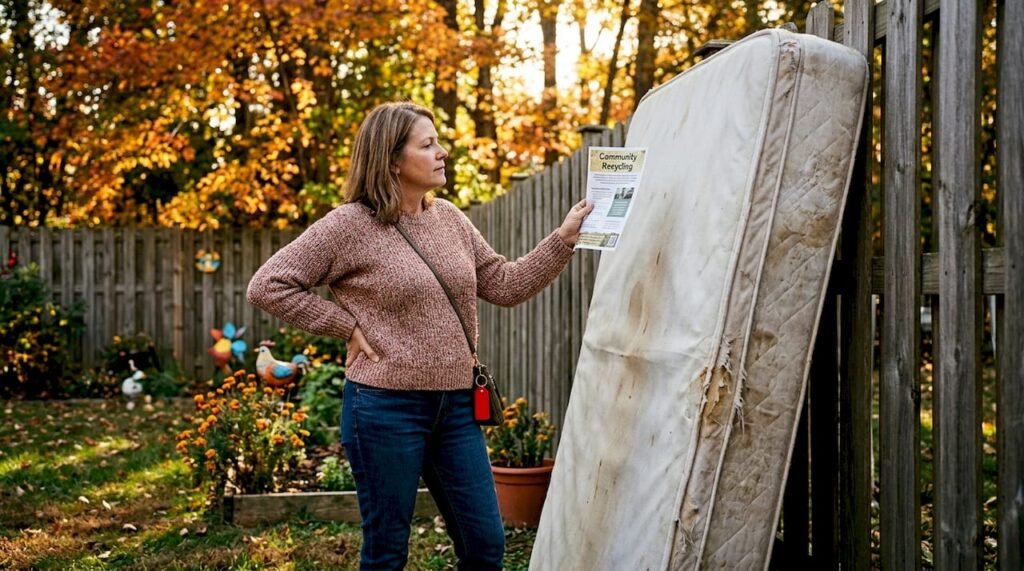 Woman preparing mattress for disposal curbside