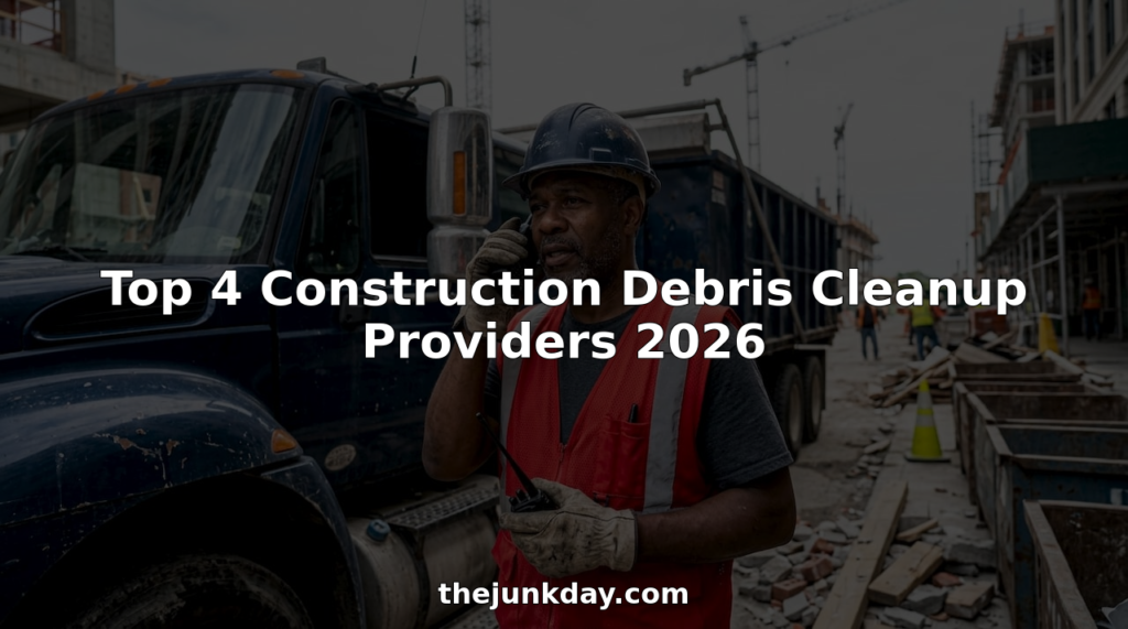 Construction worker by debris cleanup truck at site