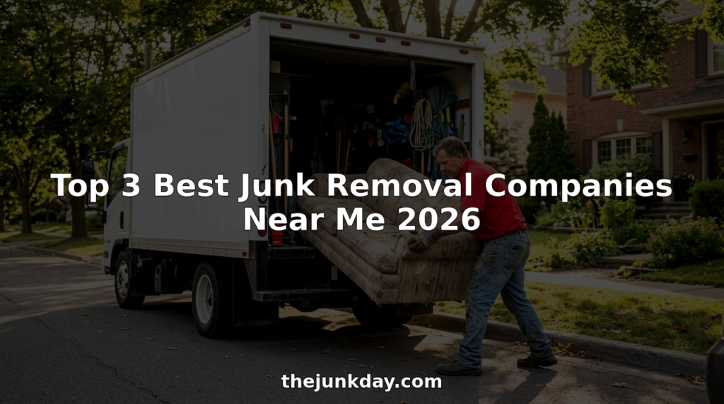 Worker loading junk removal truck in driveway